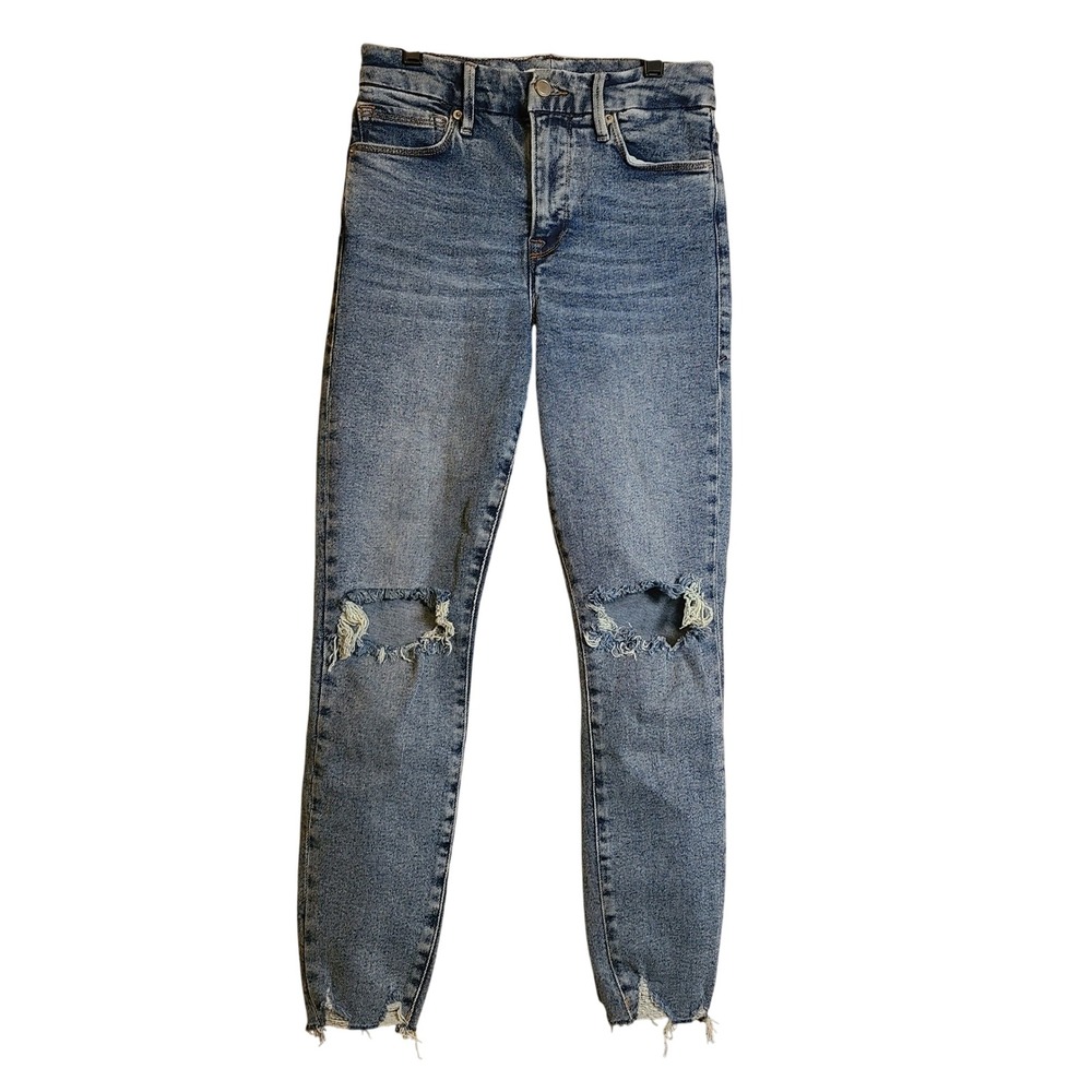 Good American Good Waist Jeans Womens 2/26 Blue Excellent Distressed Skinny Hem